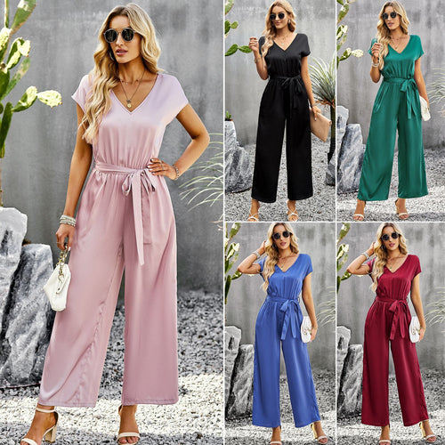 Damen eleganter Jumpsuit mit V-Ausschnitt und Bindegürtel WW