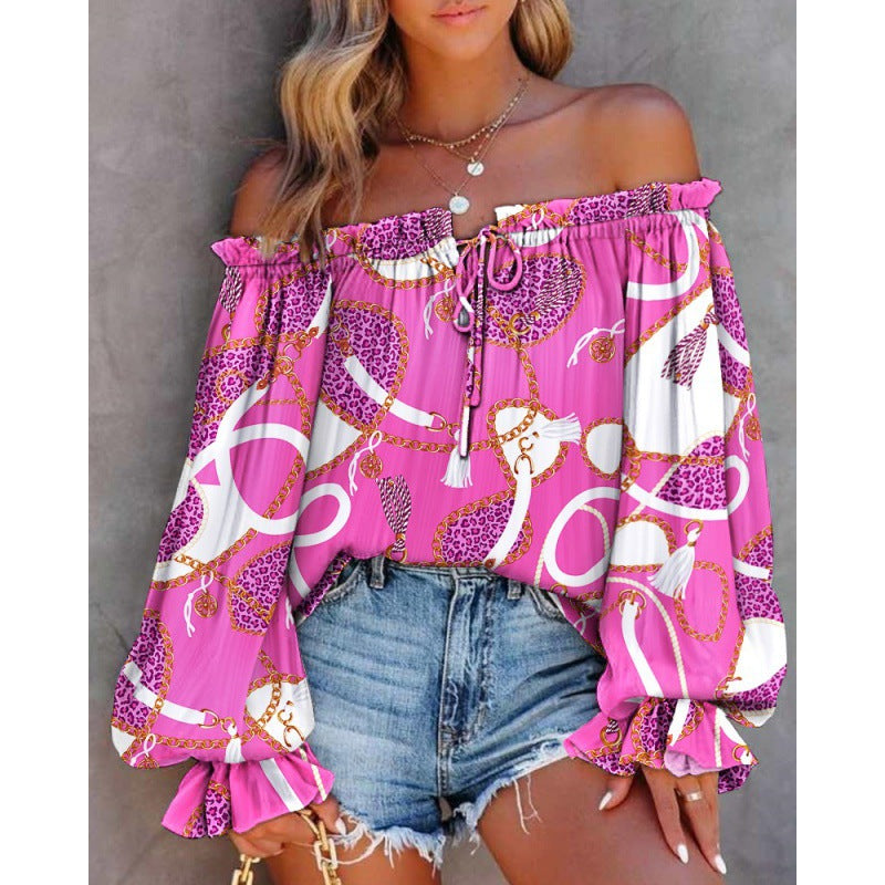 Damen Off-Shoulder Bluse mit buntem Muster und elastischem Saum WW