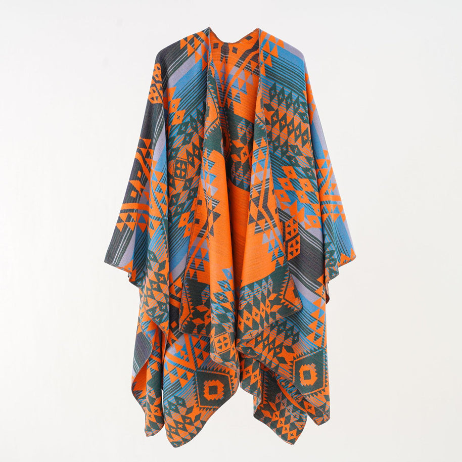 Damen Geometrischer Überwurfponcho mit warmem Material und trendiger Musterung WW