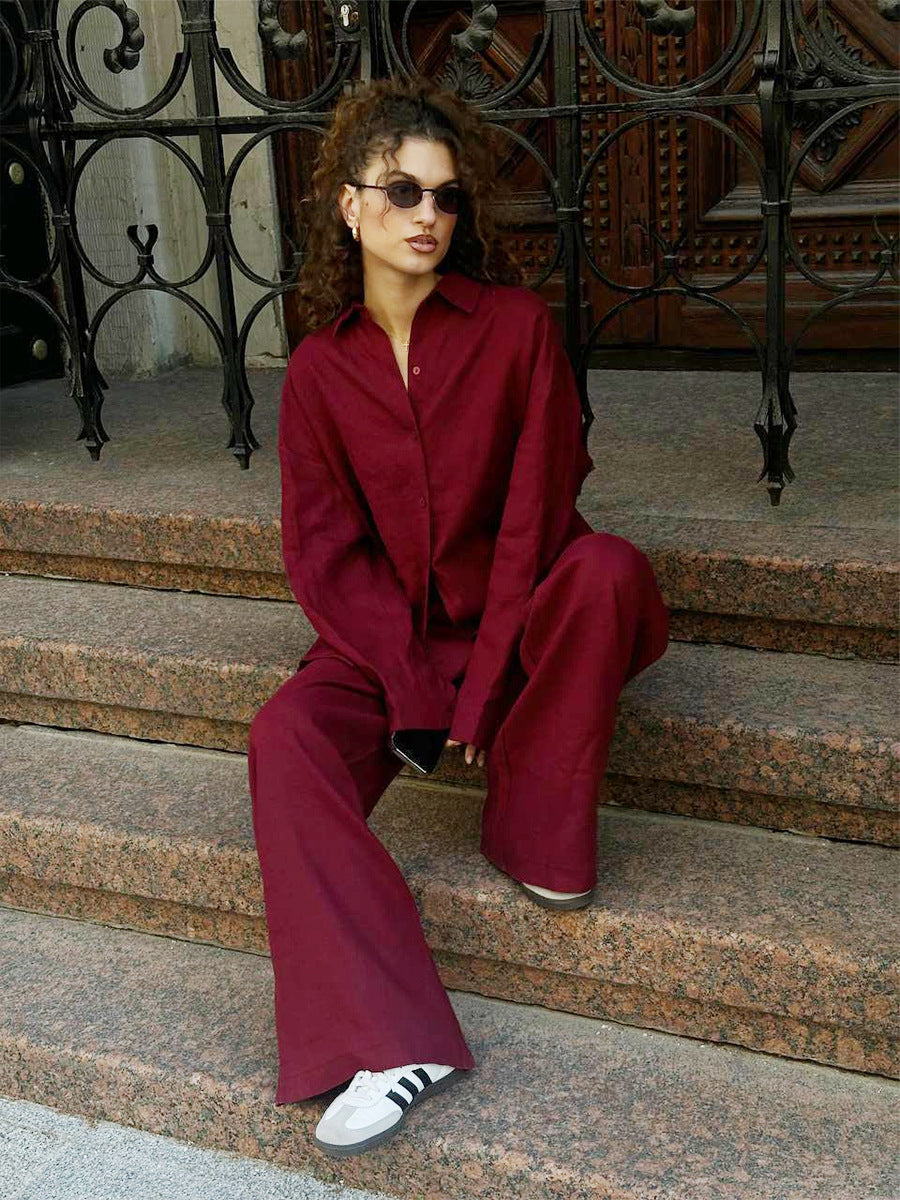 Damen luftiges Leinen-Set mit lässigem Schnitt und breiten Beinen W&W Mode