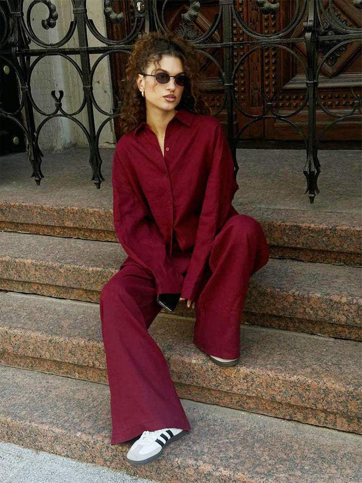 Damen luftiges Leinen-Set mit lässigem Schnitt und breiten Beinen W&W Mode
