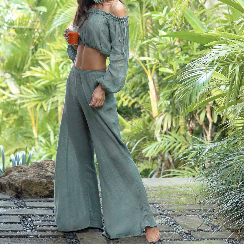 Damen Luftige Leinenhose mit breitem Beinausschnitt und elastischem Bund W&W Mode
