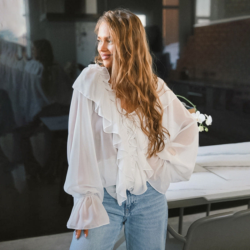 Damen Luftige Rüschenbluse aus Chiffon mit Oversize-Schnitten WW