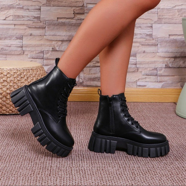 Damen robuste Schnürstiefel mit trendiger Plattformsohle und rutschfester Gummisohle WW