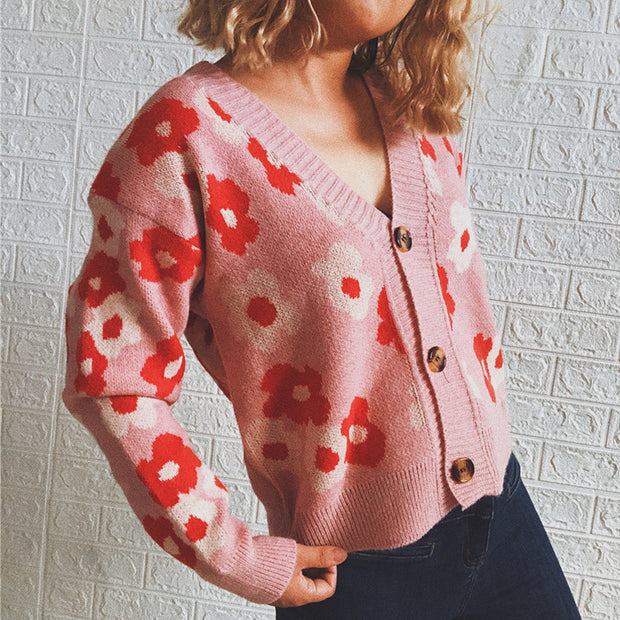 Damen Strickjacke mit floralen Mustern und dekorativen Knöpfen WW