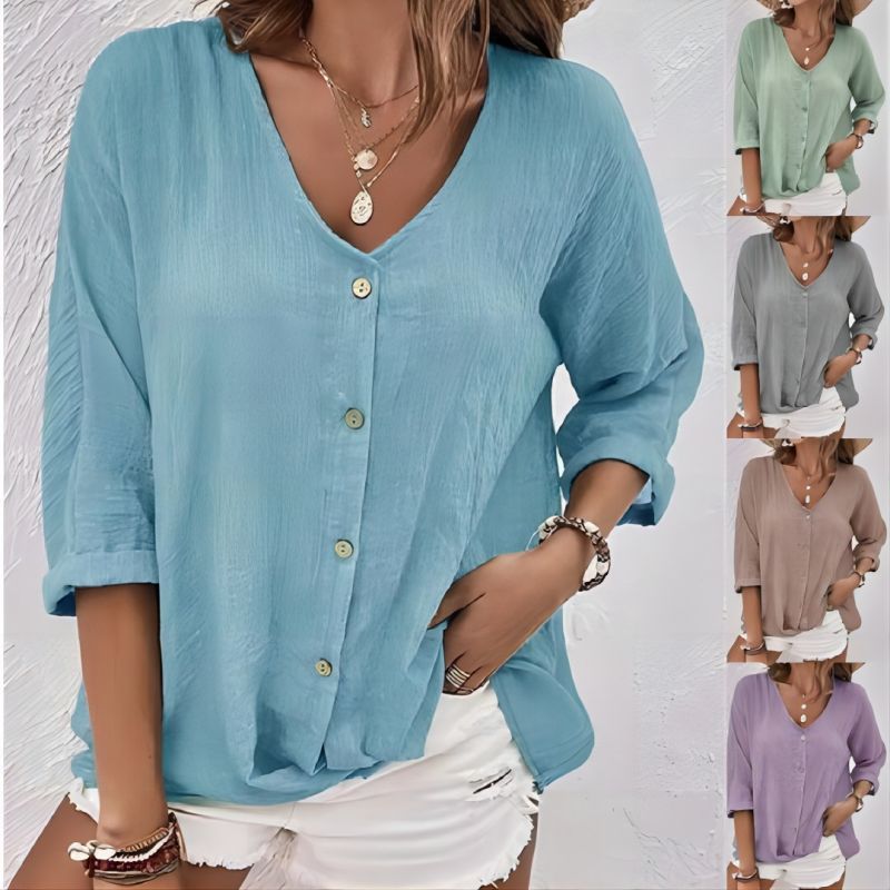 Damen lässige Bluse mit Knopfleiste und V-Ausschnitt W&W Mode