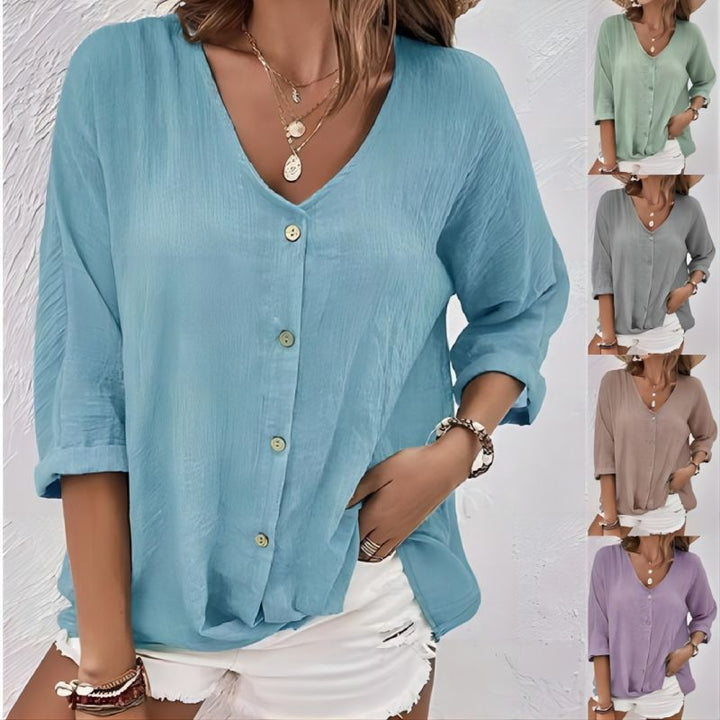 Damen lässige Bluse mit Knopfleiste und V-Ausschnitt W&W Mode