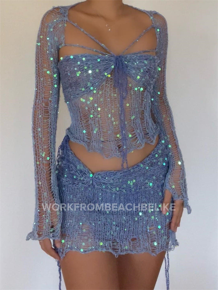 Damen Lässiges Urlaubskleid im offenen Strickdesign mit schimmernden Pailletten WW