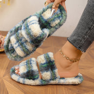 Damen bequeme Hausschuhe aus flauschigem Material mit doppeltem Riemen WW