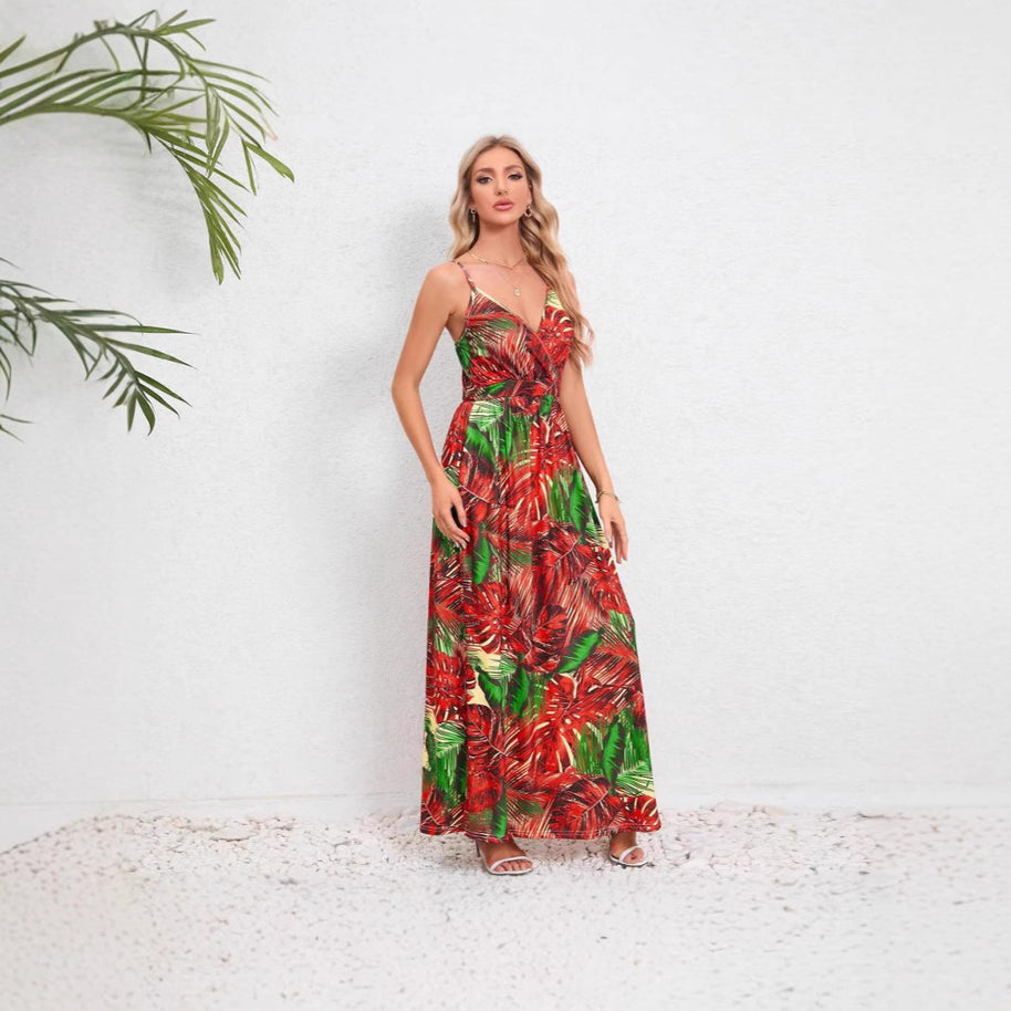 Damen Maxikleid mit zartem V-Ausschnitt und buntem Pflanzenmuster WW