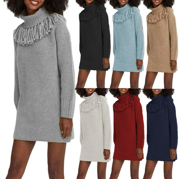Damen Strickkleid mit Fransenkragen und gerippten Ärmeln WW