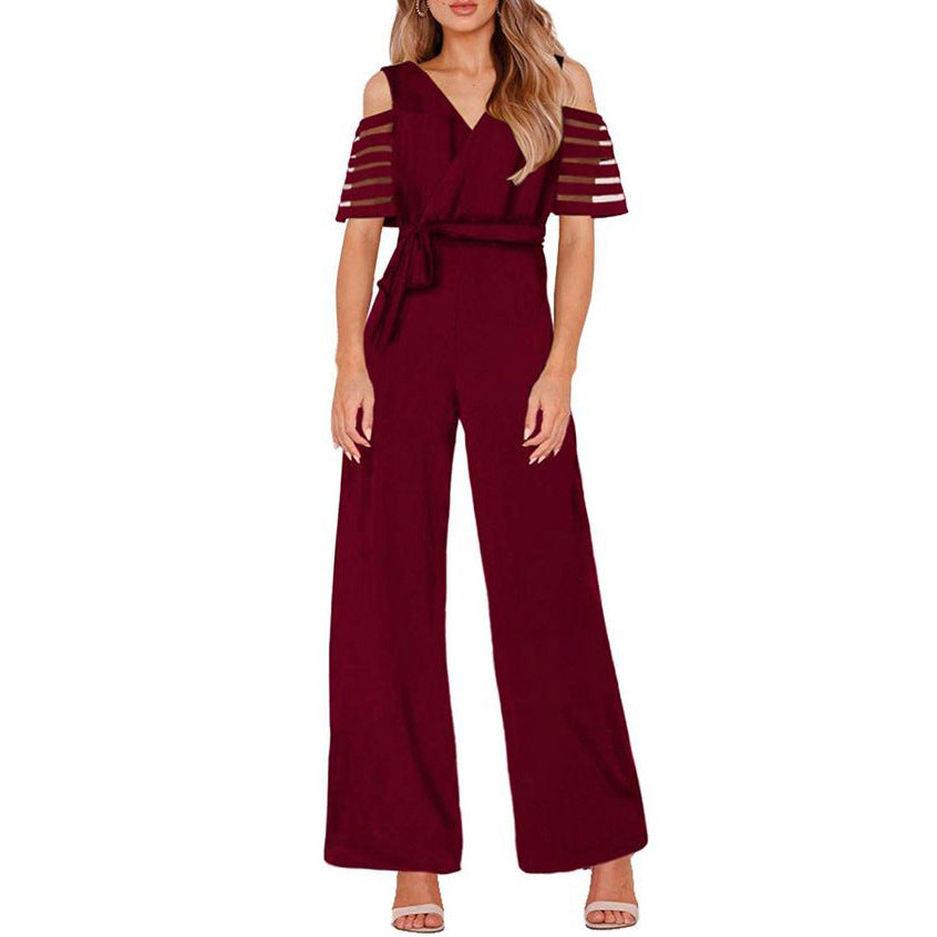 Damen Eleganter Jumpsuit mit transparenten Ärmel-Details und Taillengürtel WW