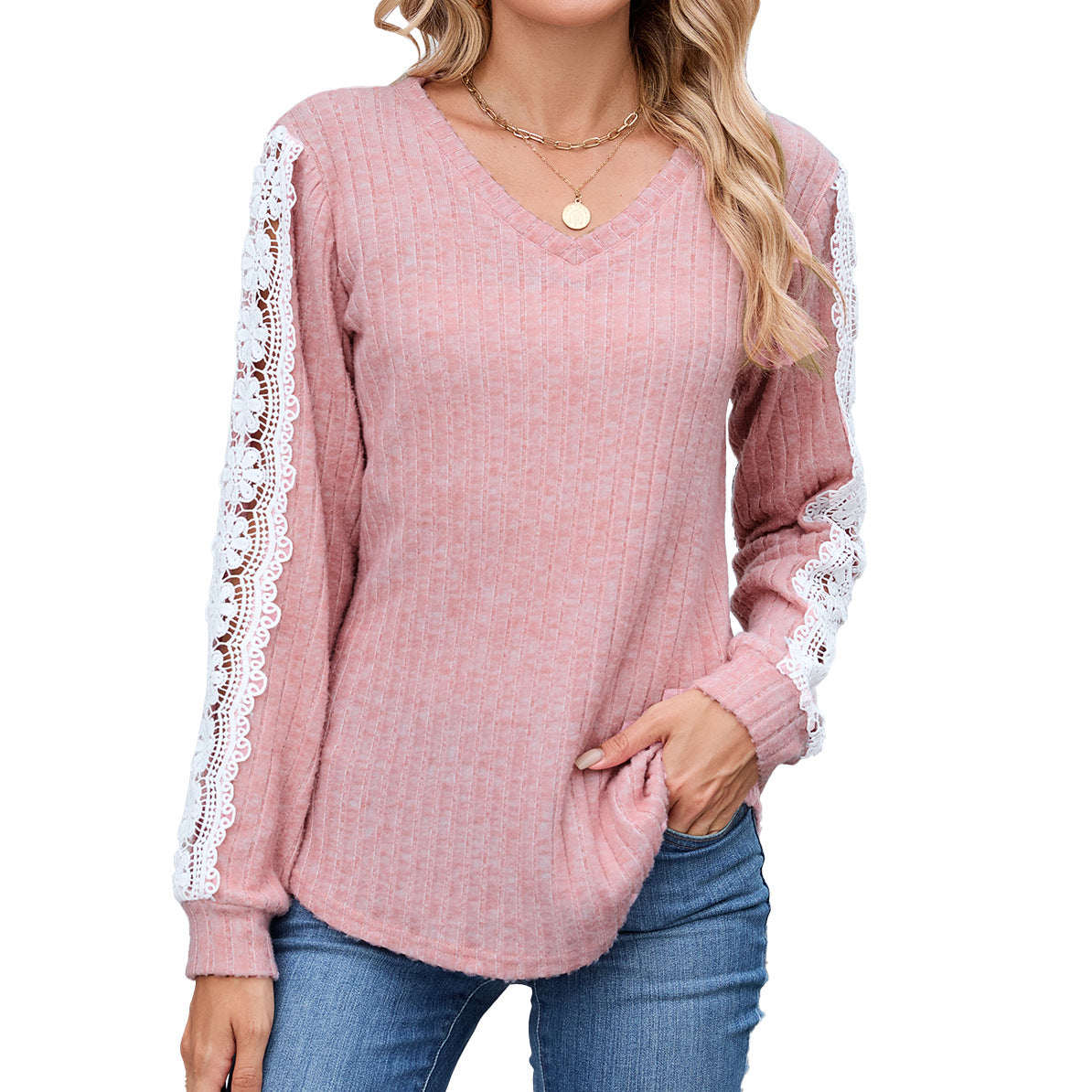 Damen Relaxed Fit V-Ausschnitt Pullover mit Spitzenakzenten WW