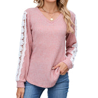 Damen Relaxed Fit V-Ausschnitt Pullover mit Spitzenakzenten WW