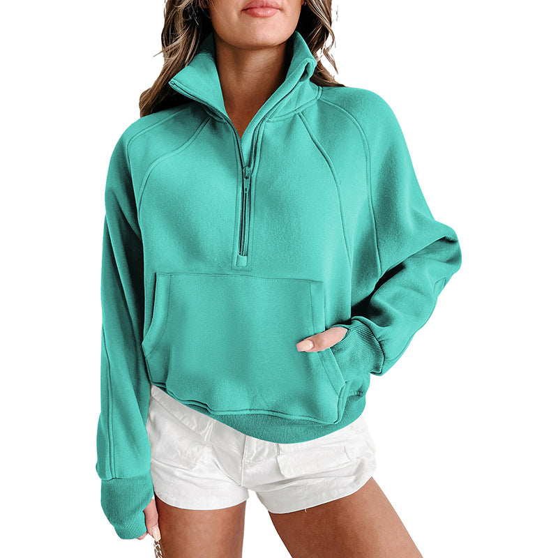 Damen lässiger Pullover mit halbem Reißverschluss und praktischen Taschen WW