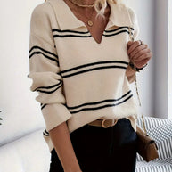 Damen Strickpullover mit V-Ausschnitt und Streifenmuster WW