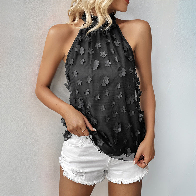 Damen blumenverzierte Chiffon Bluse mit hochgeschlossenem Kragen WW