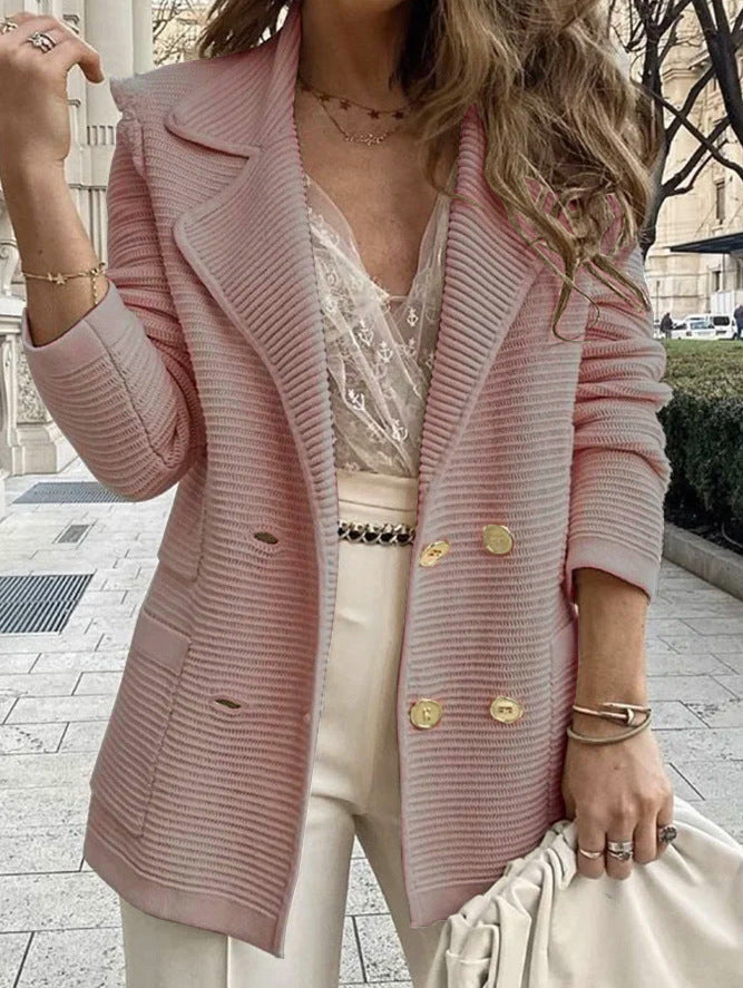 Damen lässiger Strickblazer mit doppelter Knopfleiste und praktischen Taschen WW