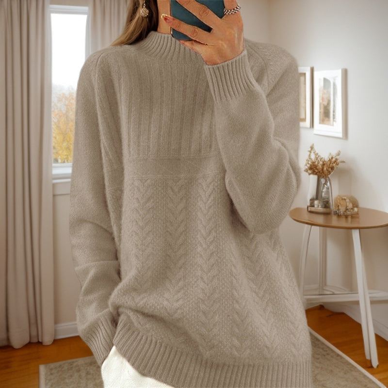 Damen Strickpullover mit kreativem Zopfmuster und hohem Kragen WW
