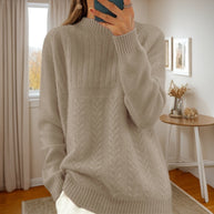 Damen Strickpullover mit kreativem Zopfmuster und hohem Kragen WW