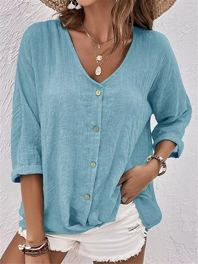 Damen lässige Bluse mit Knopfleiste und V-Ausschnitt W&W Mode