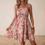 Damen Blumenkleid mit elastischem Oberteil und gerafftem Rock WW