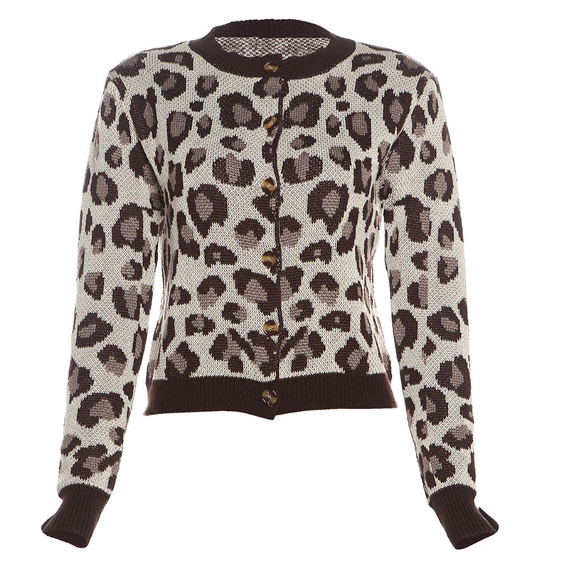 Damen Strickjacke mit Leopardenmuster und dekorativen Knöpfen WW