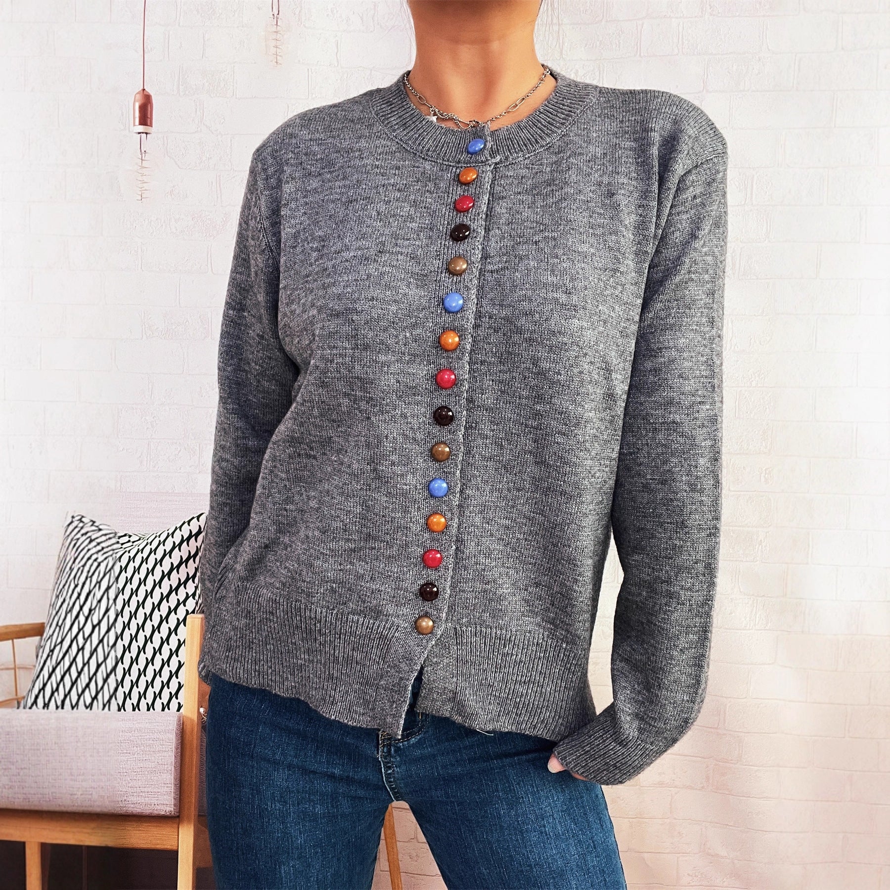 Damen stilvolle Strickjacke mit bunten Knöpfen WW