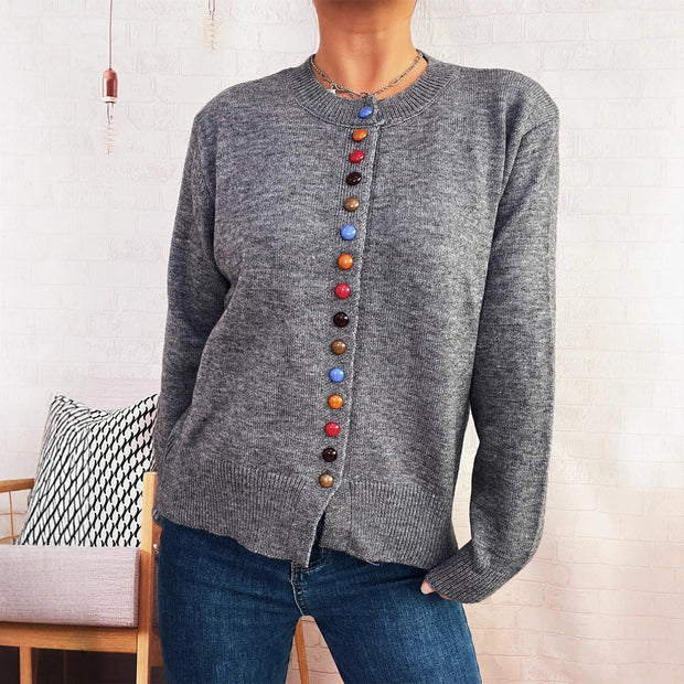 Damen stilvolle Strickjacke mit bunten Knöpfen WW