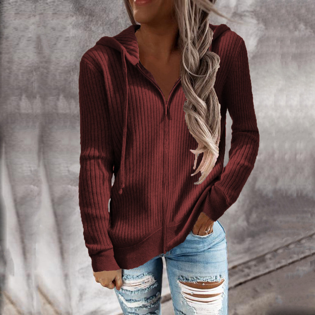 Damen Strickjacke mit Kapuze und Reißverschluss WW