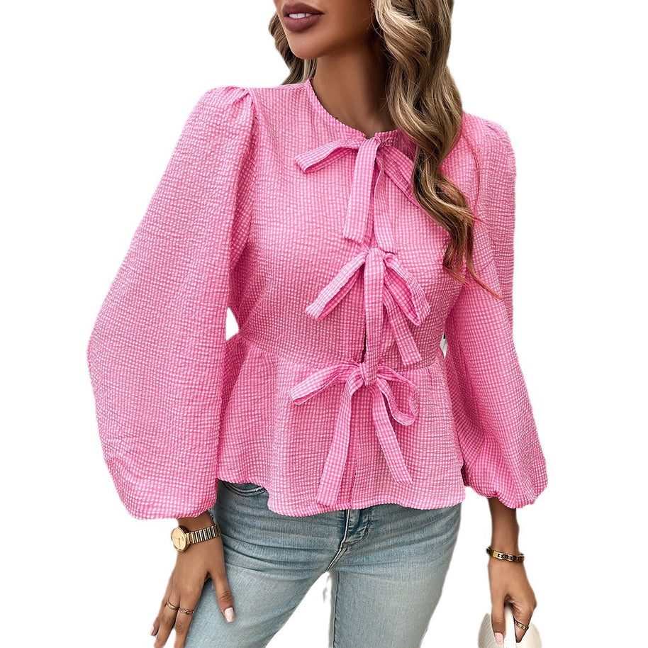 Damen Bluse mit dekorativen Bändchen und Volantärmeln WW