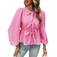 Damen Bluse mit dekorativen Bändchen und Volantärmeln WW