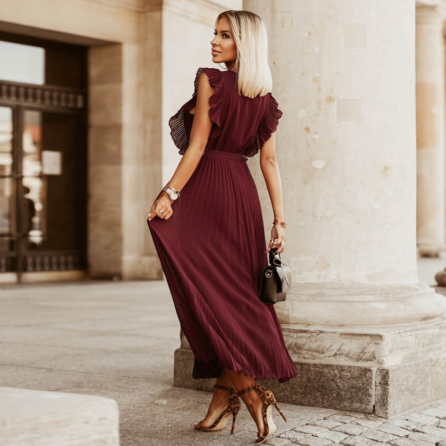 Damen Plissee Maxikleid mit Wickeloptik und taillierbarem Gürtel WW