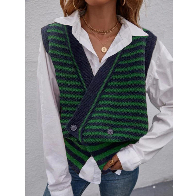 Damen Strickweste mit modischem Streifenmuster und doppeltem Knopfverschluss WW
