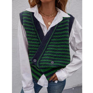 Damen Strickweste mit modischem Streifenmuster und doppeltem Knopfverschluss WW