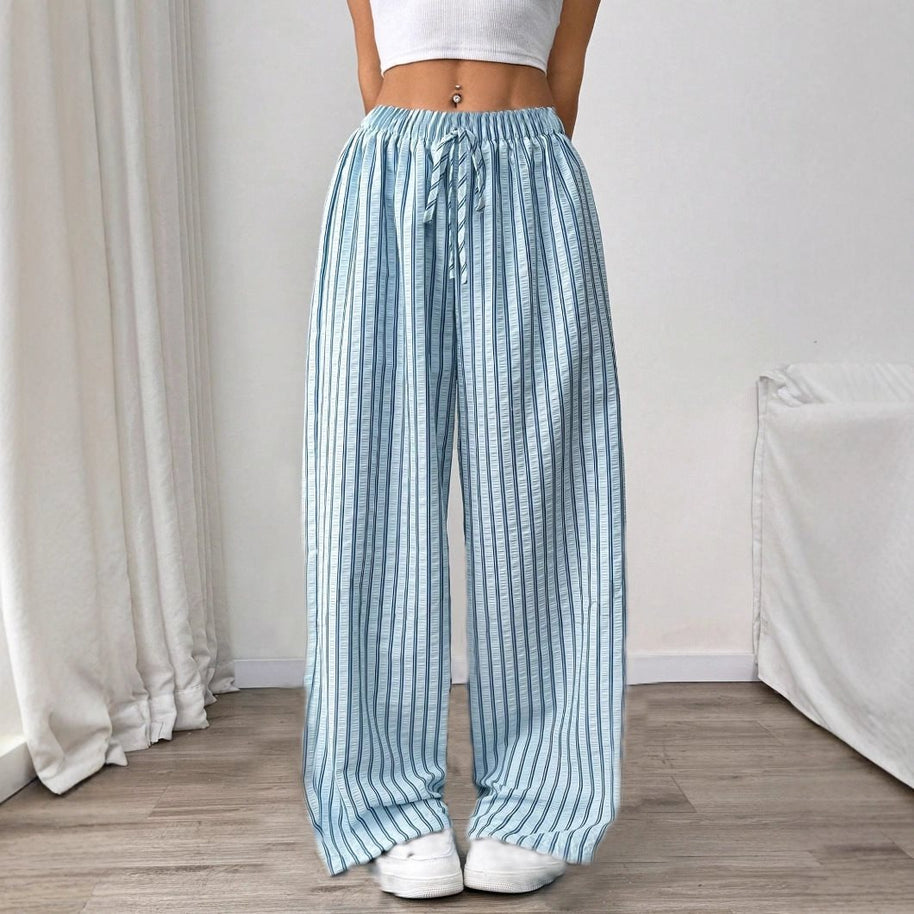 Damen weite gestreifte Stoffhose mit elastischem Bund und praktischen Taschen WW