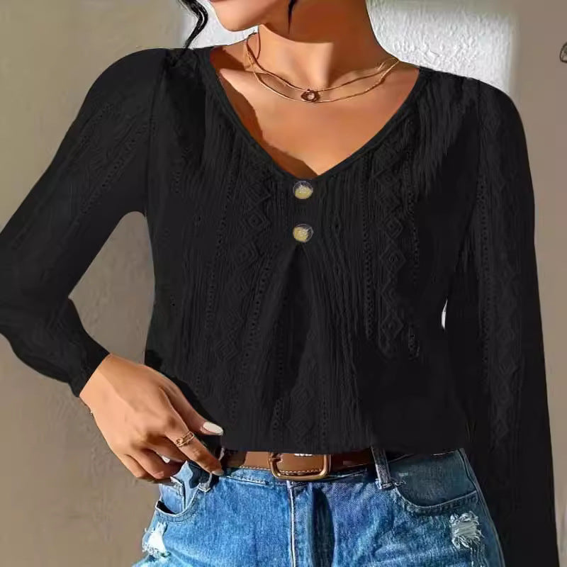 Damen Bluse mit dekorativen Knöpfen und strukturiertem Gewebe WW