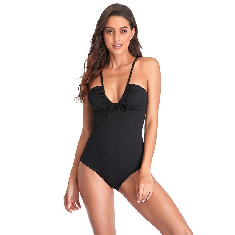 Damen Einteiler Badeanzug mit elegantem V-Ausschnitt und verspieltem Rüschendesign WW
