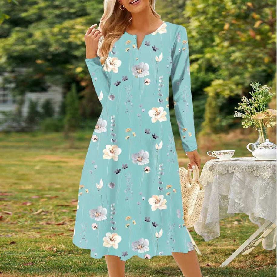WW | Bedrucktes V-Ausschnitt Knopf Langarmkleid