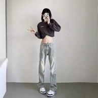 Damen weite High-Waist Denim-Jeans mit distressed Optik und bequemen Seitentaschen WW