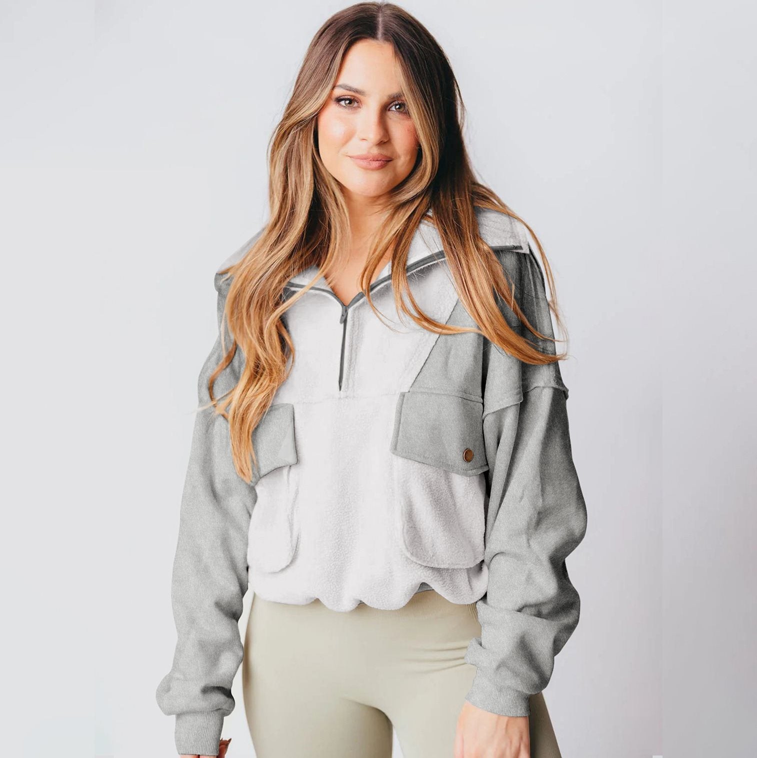 Damen Sportlicher Fleece-Pullover mit Reißverschluss und Tasche WW