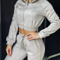Damen Sportliches Fleece-Cropped-Set mit Kapuze und elastischem Bund WW