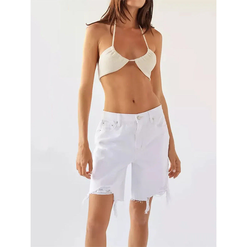 Damen Destroyed Jeans-Shorts mit fransigen Säumen und lockerer Passform WW