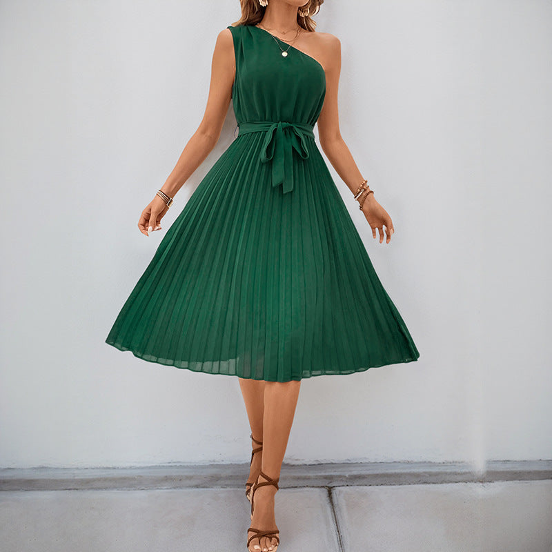 Damen Plissee-Kleid mit Taillengürtel und elegantem V-Ausschnitt W&W Mode