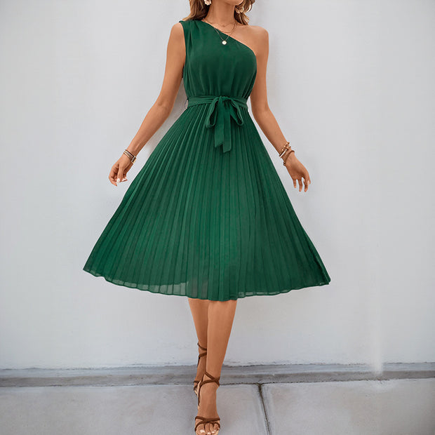 Damen Plissee-Kleid mit Taillengürtel und elegantem V-Ausschnitt WW