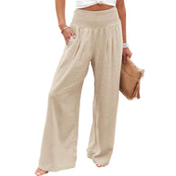 Damen Weite Leinenhose mit elastischem Bund und Falten WW