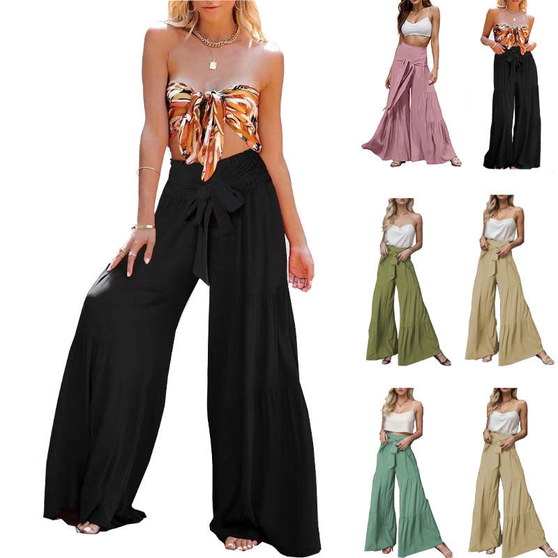 Damen weite High-Waist Hose mit eleganten Falten und Bindegürtel WW