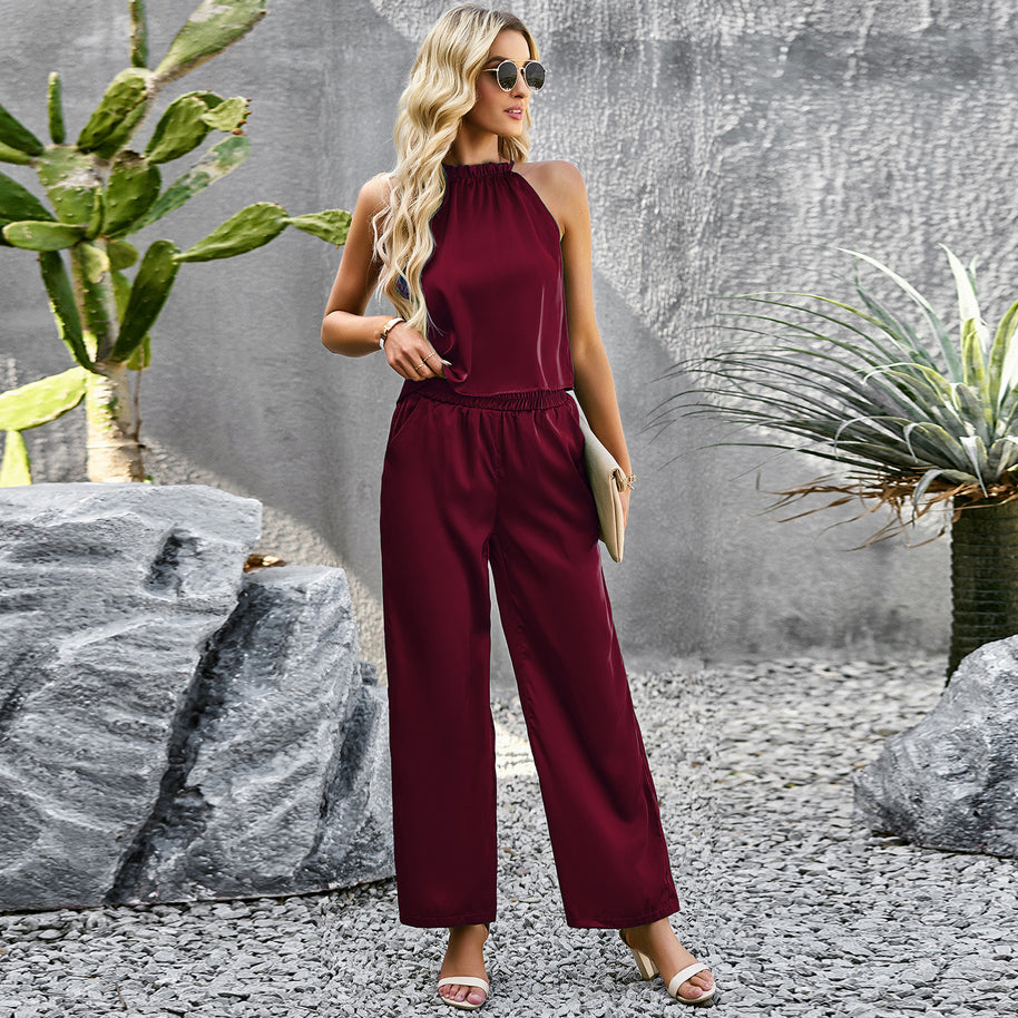 Damen eleganter Jumpsuit mit ausgestelltem Bein und hohem Kragen WW