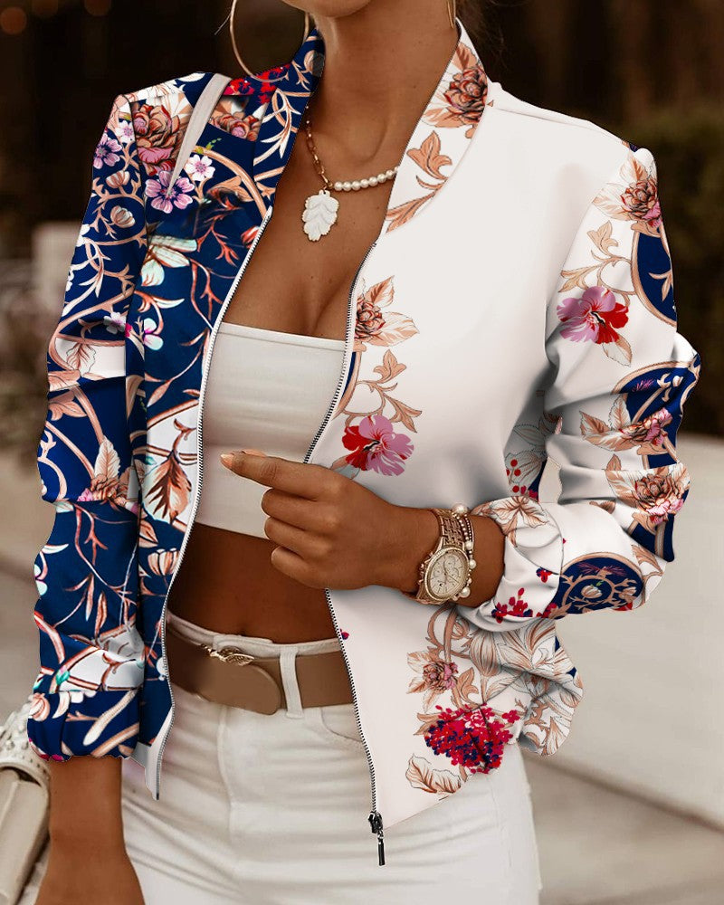 Damen sportliche Bomberjacke mit floralem Design und kontrastierenden Ärmelakzenten WW