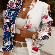 Damen sportliche Bomberjacke mit floralem Design und kontrastierenden Ärmelakzenten WW